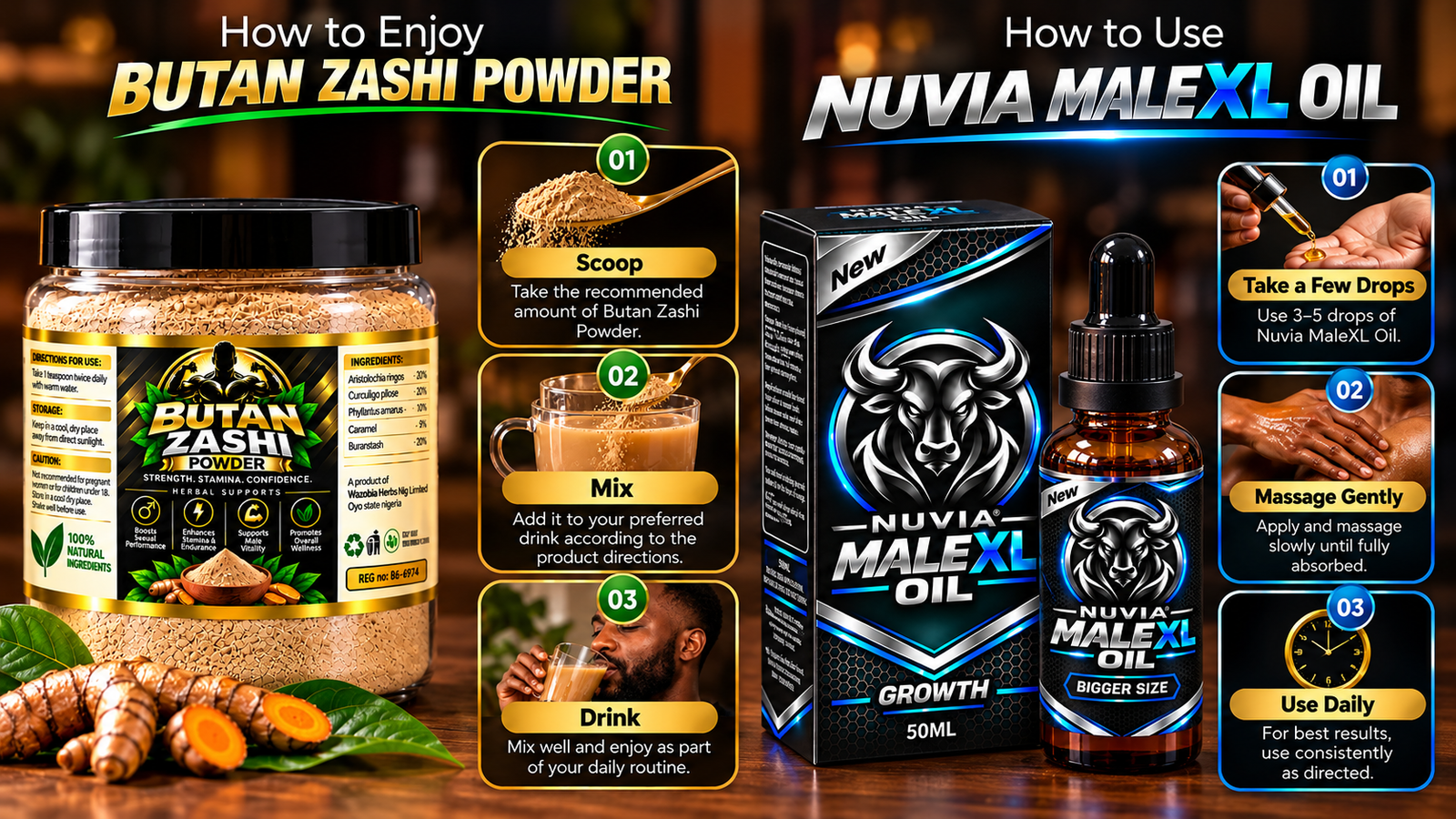 Butan Zashi Power powder and Nuvia Male XL Growth Oil combination package